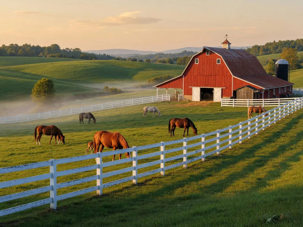 Picturesque Kentucky horse farm with white fence, green pasture, and red barn in morning light