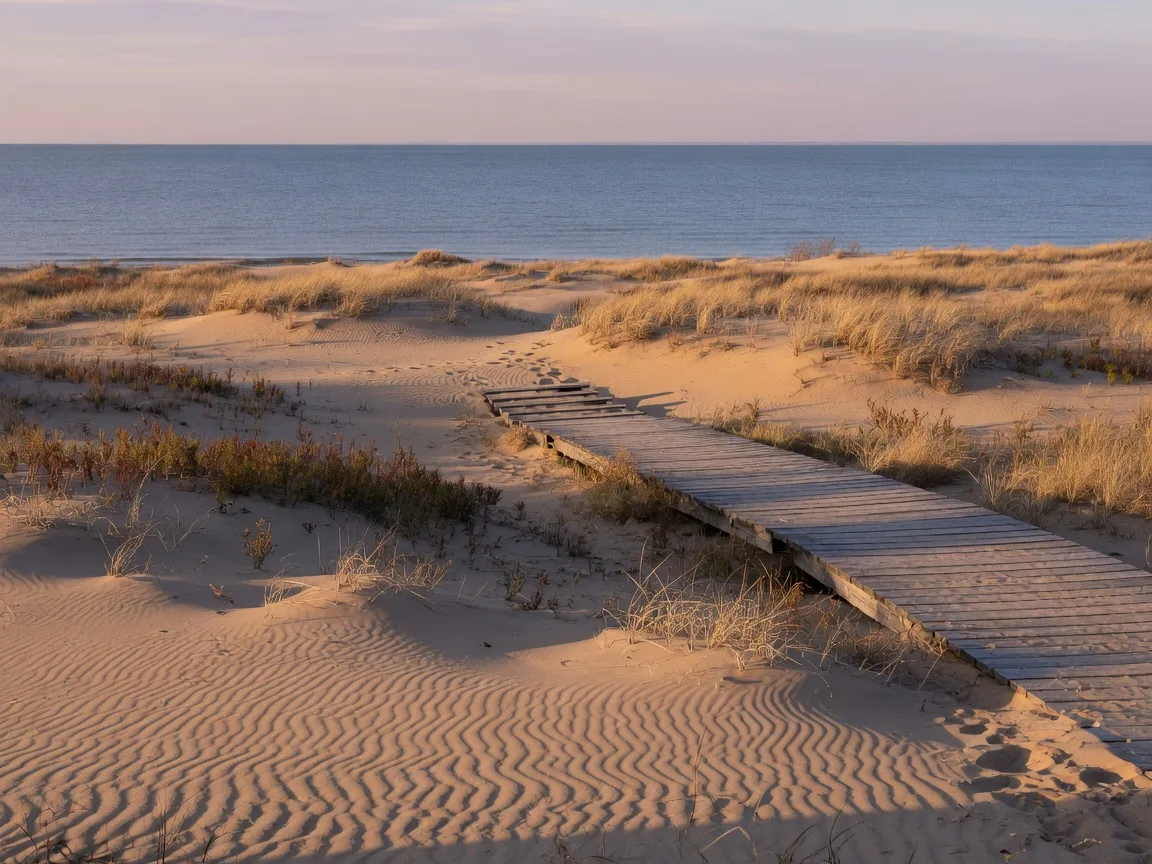 Golden sand dunes with beach grass and a small boardwalk along the southern Lake Erie shore in October