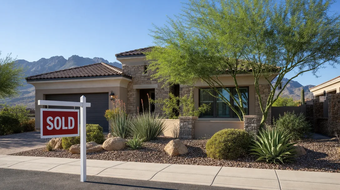 Modern suburban home in Gilbert, Arizona with a Sold sign in the front yard, desert landscaping, and mountain views at golden hour