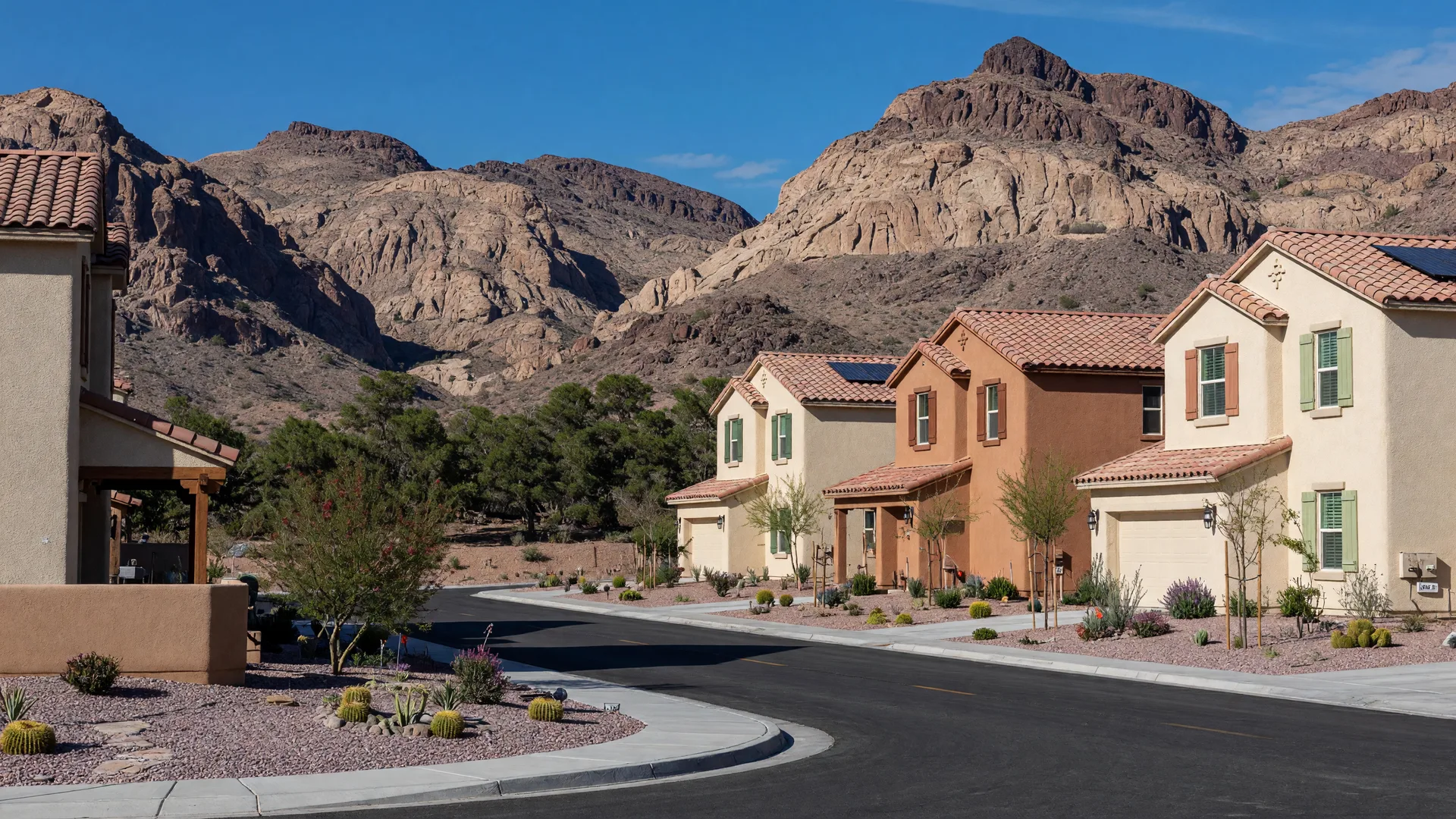 New stucco desert homes with southwest-inspired tile-roof architecture in Boulder City Nevada, set against dramatic mountain terrain with native desert landscaping
