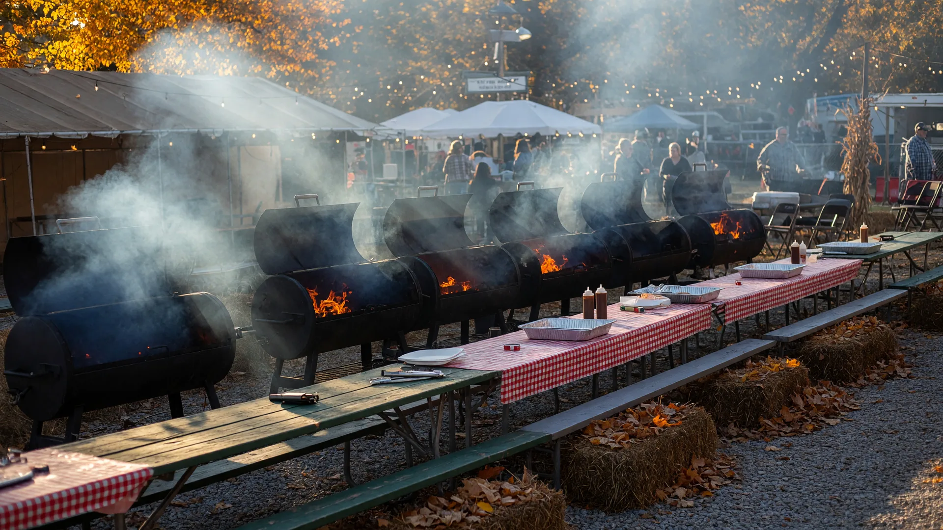 Outdoor county cook-off on an autumn morning with charcoal grills, barbecue smoke, and long picnic tables on gravel
