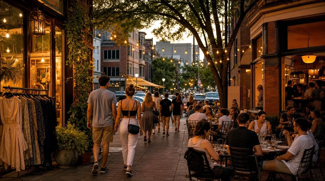Outdoor cafe dining with string lights and local boutique storefronts on a tree-lined street near Fitler Square Philadelphia at golden hour