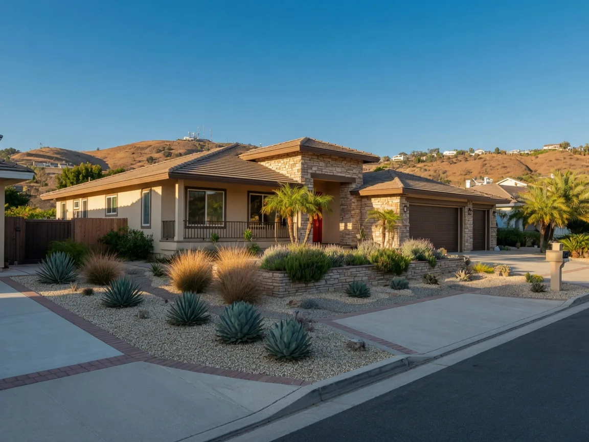 Modern hillside home with a tile roof and palm trees in the Inland Empire at morning light