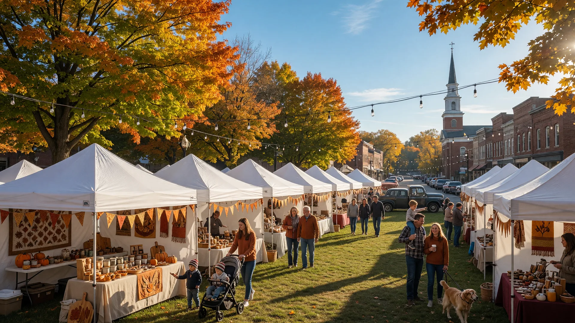 Autumn festival vendor tents and fall foliage in a downtown park on a crisp October morning