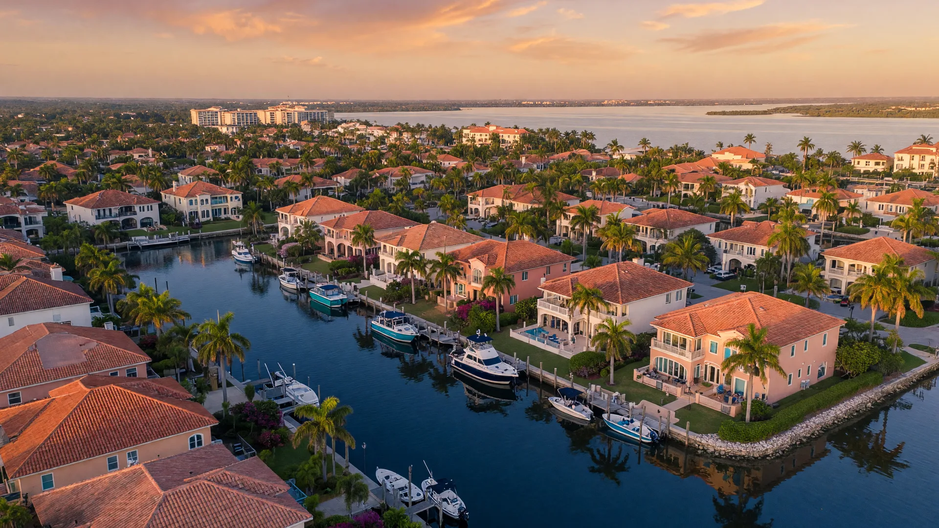 Aerial view of an elegant Sarasota County waterfront neighborhood at golden hour with terracotta-roof homes, canals, docked boats, and palm trees