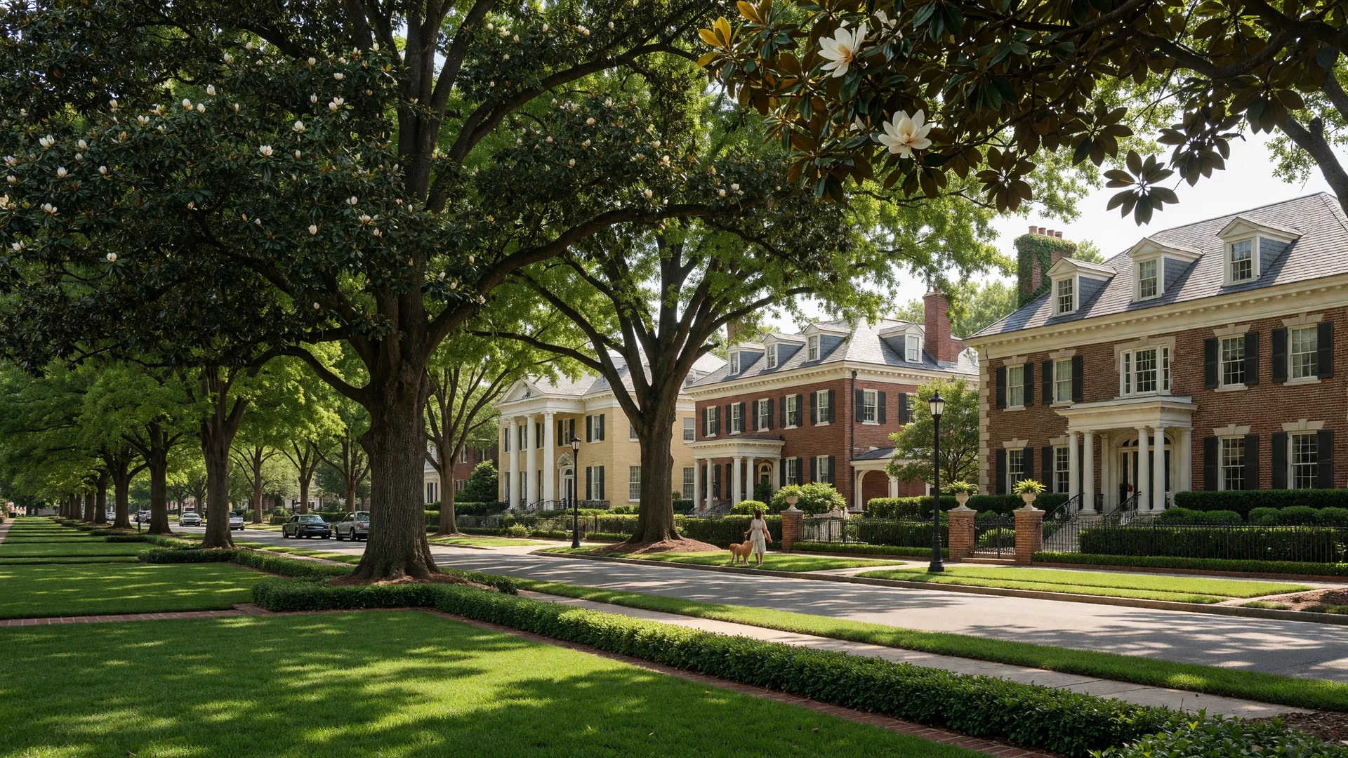 Myers Park neighborhood in Charlotte with grand mansions and tree-lined boulevard