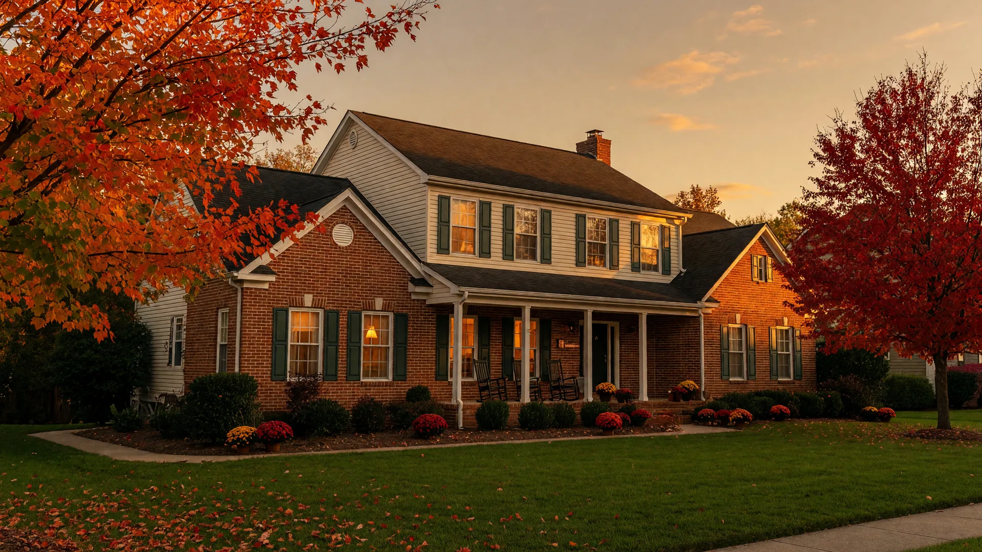 Two-story Triangle-area suburban home at golden hour in late October with autumn maples in full color and warm light in the windows, the fall 2026 pricing decision Triangle sellers face