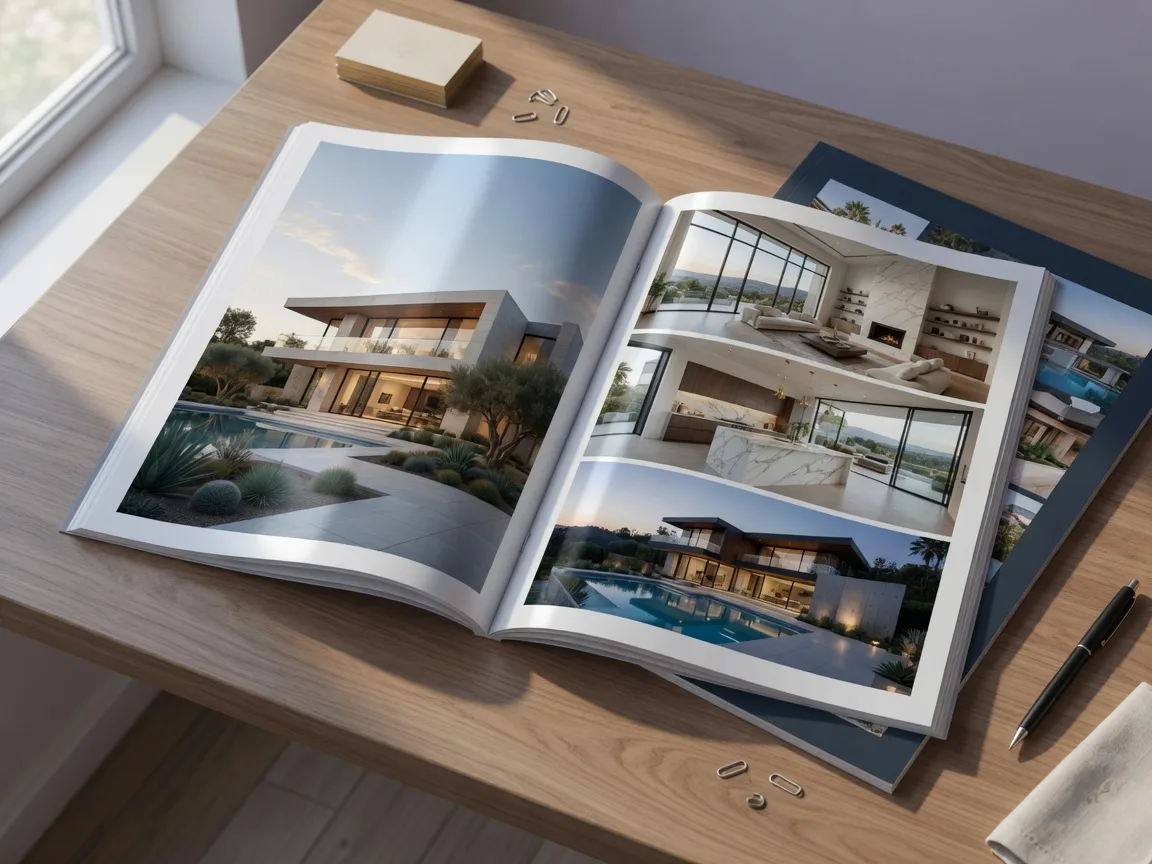 Premium glossy real estate brochure and property catalog spread open on a desk