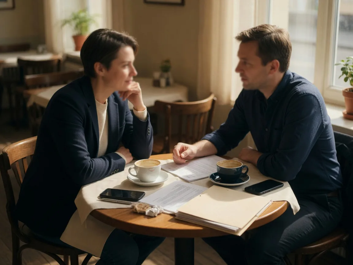 A buyer and their agent talking through the short-sale wait together over coffee.
