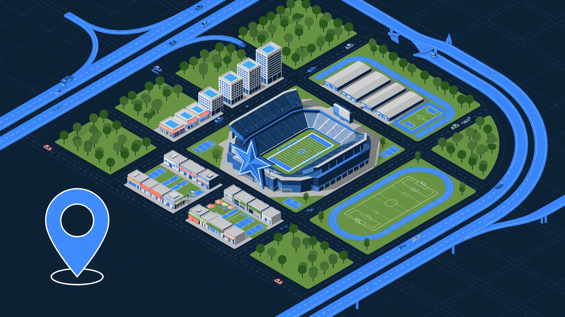 Flat vector illustration of the Toro District, the mixed-use sports and entertainment district planned in Bridgeland, Cypress TX