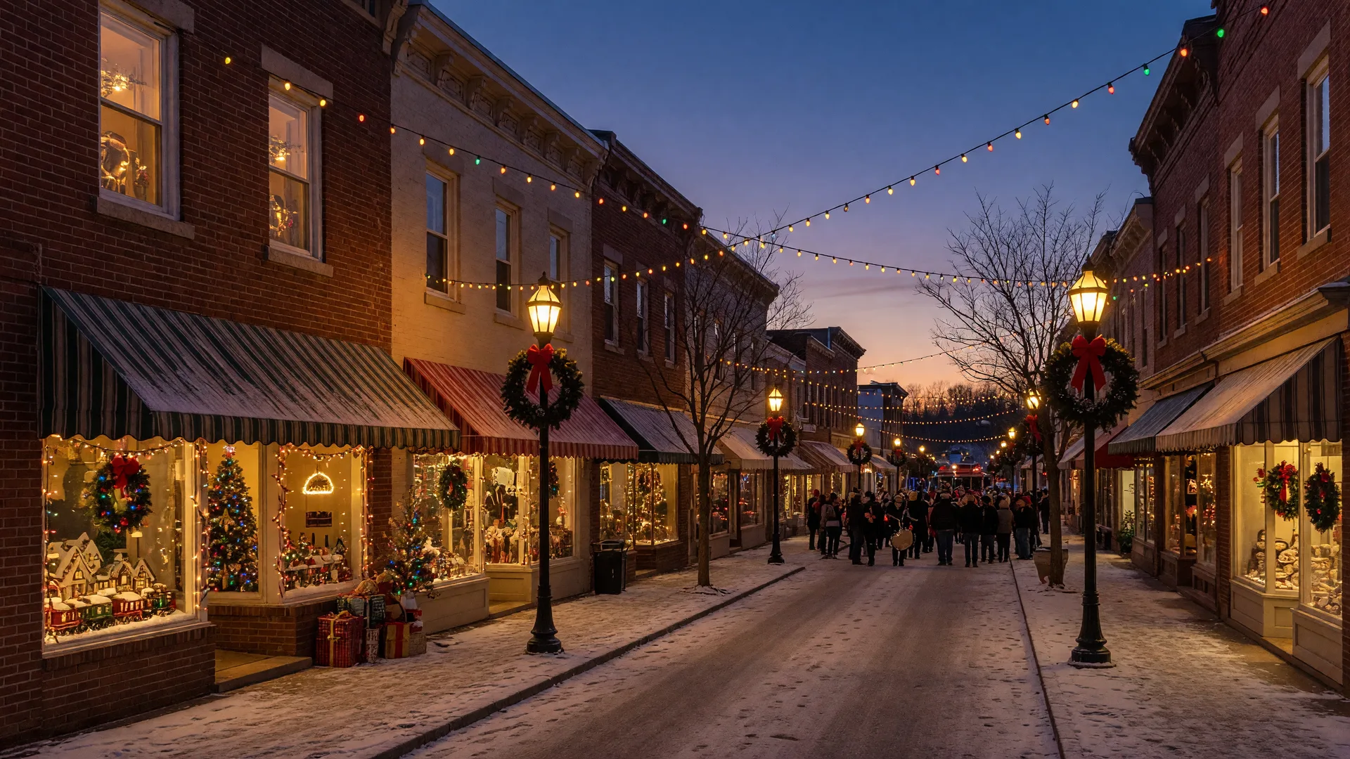 A small-town main street in Lansdale, Pennsylvania decorated with holiday lights at dusk