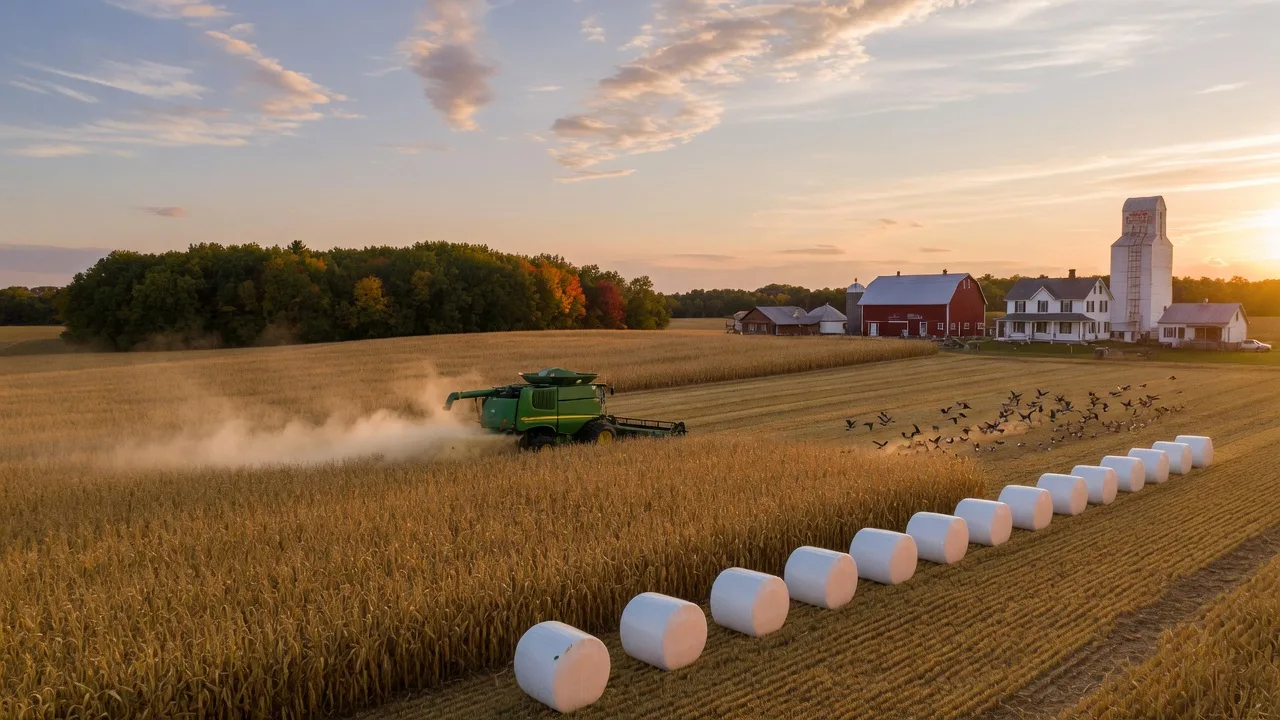 Late-September Wisconsin harvest scene with a combine working a golden cornfield, white-wrapped silage bales along the field edge, a red barn and farmhouse in the distance, and Canada geese lifting off wheat stubble under a big afternoon sky