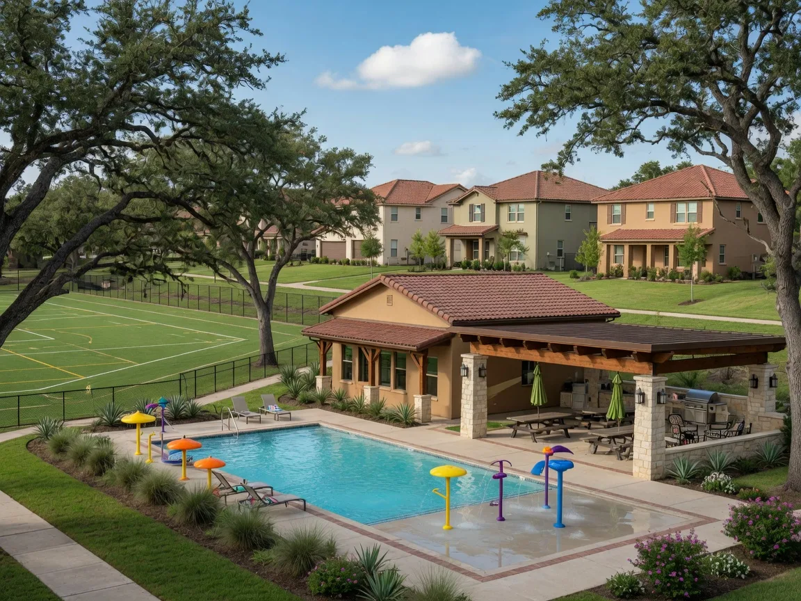 Pool and clubhouse amenity area in a far-west San Antonio master-planned community