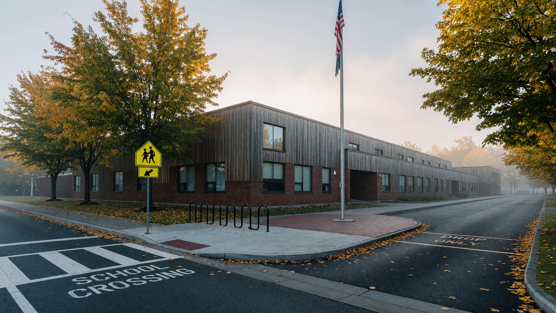 Modern Pacific Northwest elementary school campus with cedar and brick siding on a misty late-September morning, maples just turning gold