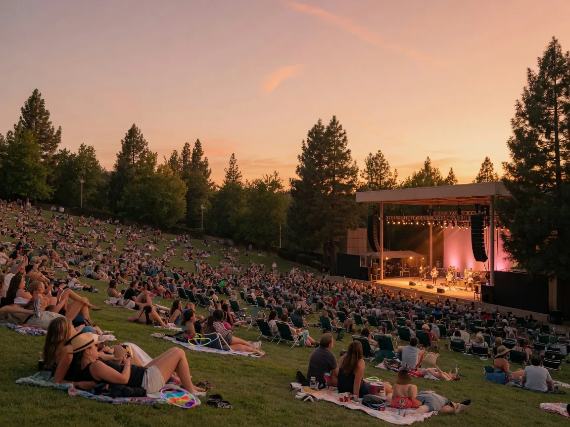 Golden-hour outdoor amphitheater concert with a large audience on a grassy hillside facing a warmly lit stage, capturing the relaxed live music atmosphere of Labor Day weekend in the DMV