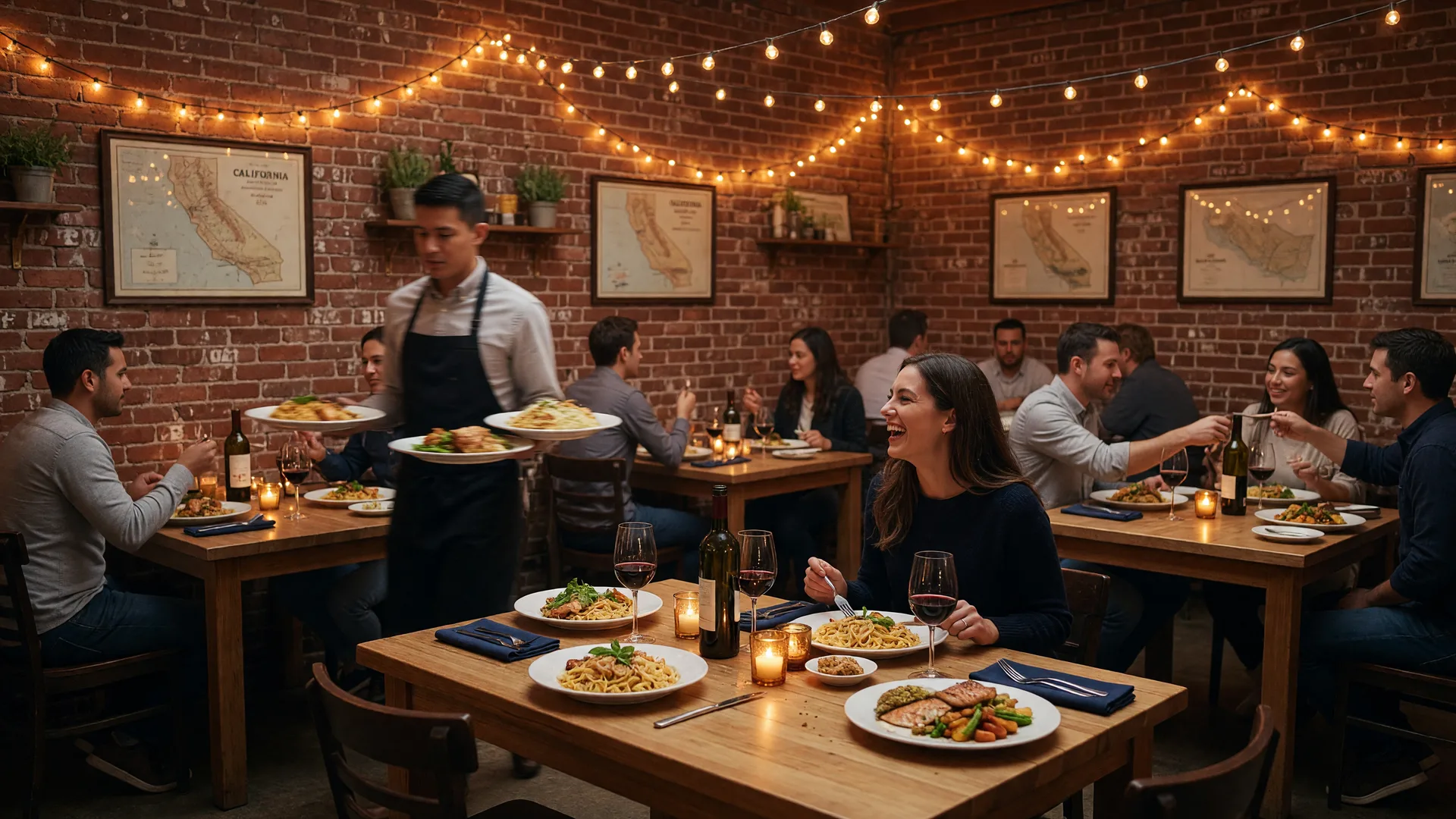 Cozy restaurant interior in Murrieta with warm string lights, exposed brick, and diners enjoying an evening meal