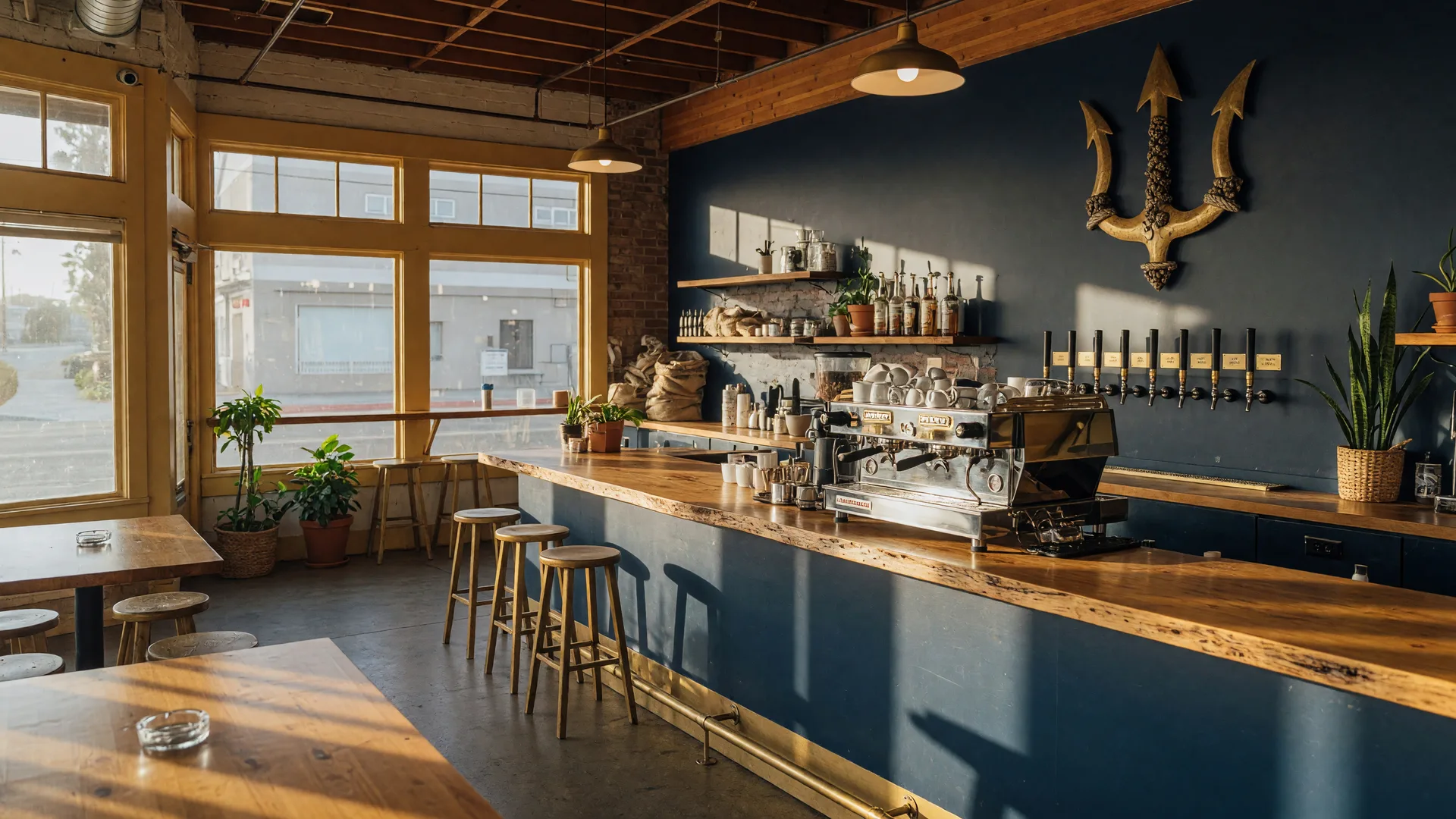 Specialty coffee taproom interior in Imperial Beach with a long espresso bar, coffee taps, and warm morning light