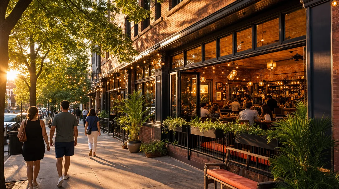 A vibrant restaurant exterior on a tree-lined downtown street in Montclair NJ with warm evening lighting and string lights