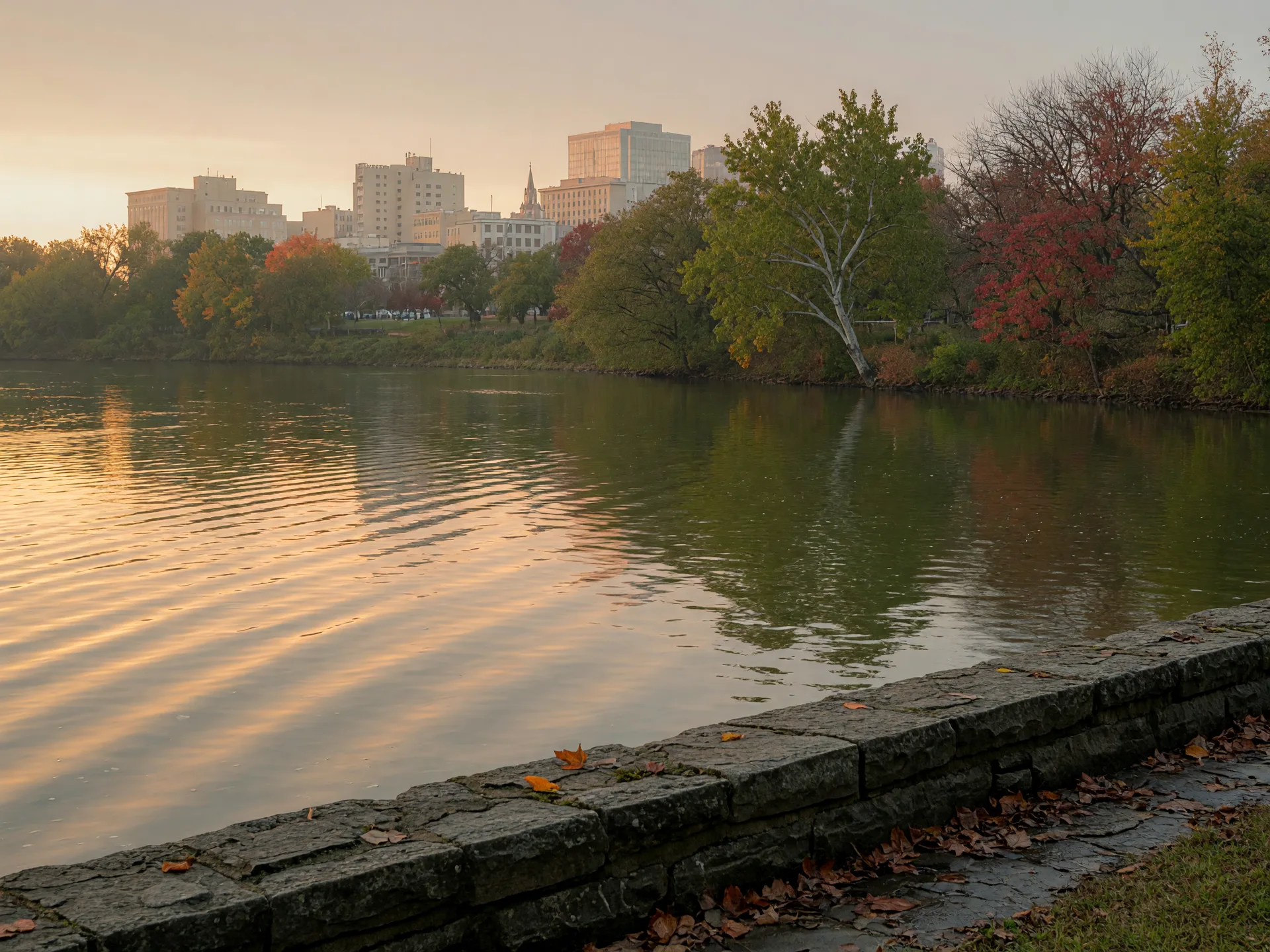 A quiet autumn morning along the Illinois River in Peoria, with early fall color on the far bank