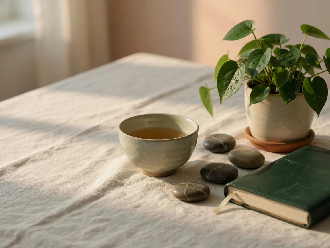 A ceramic tea bowl, leather journal and small plant on a linen table