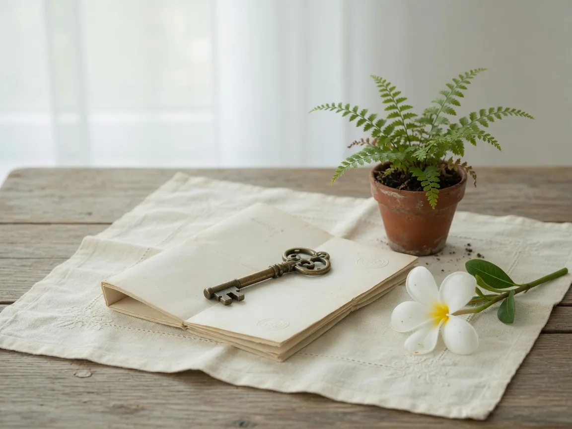 A folded deed, brass key, and white plumeria on a linen cloth