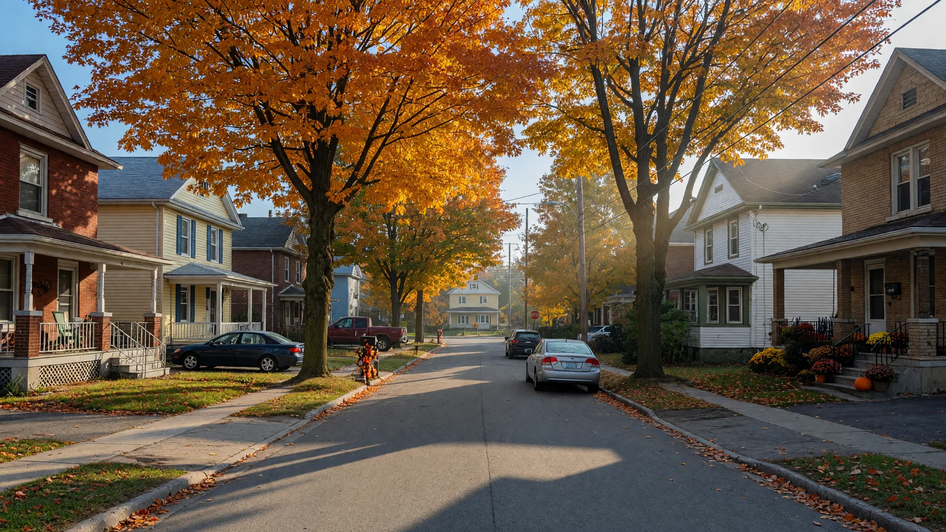 Tree-lined residential street in Oshawa with brick and siding family homes on an autumn morning
