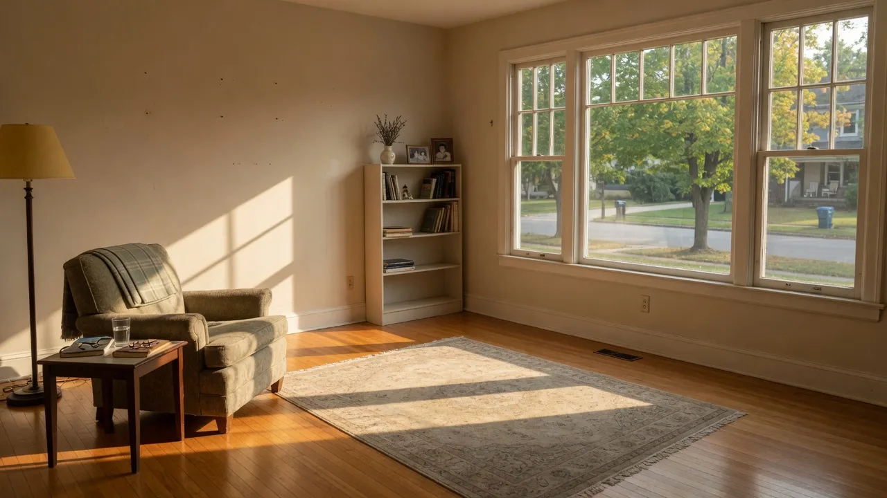 A sunlit living room in a family home after the children have moved out