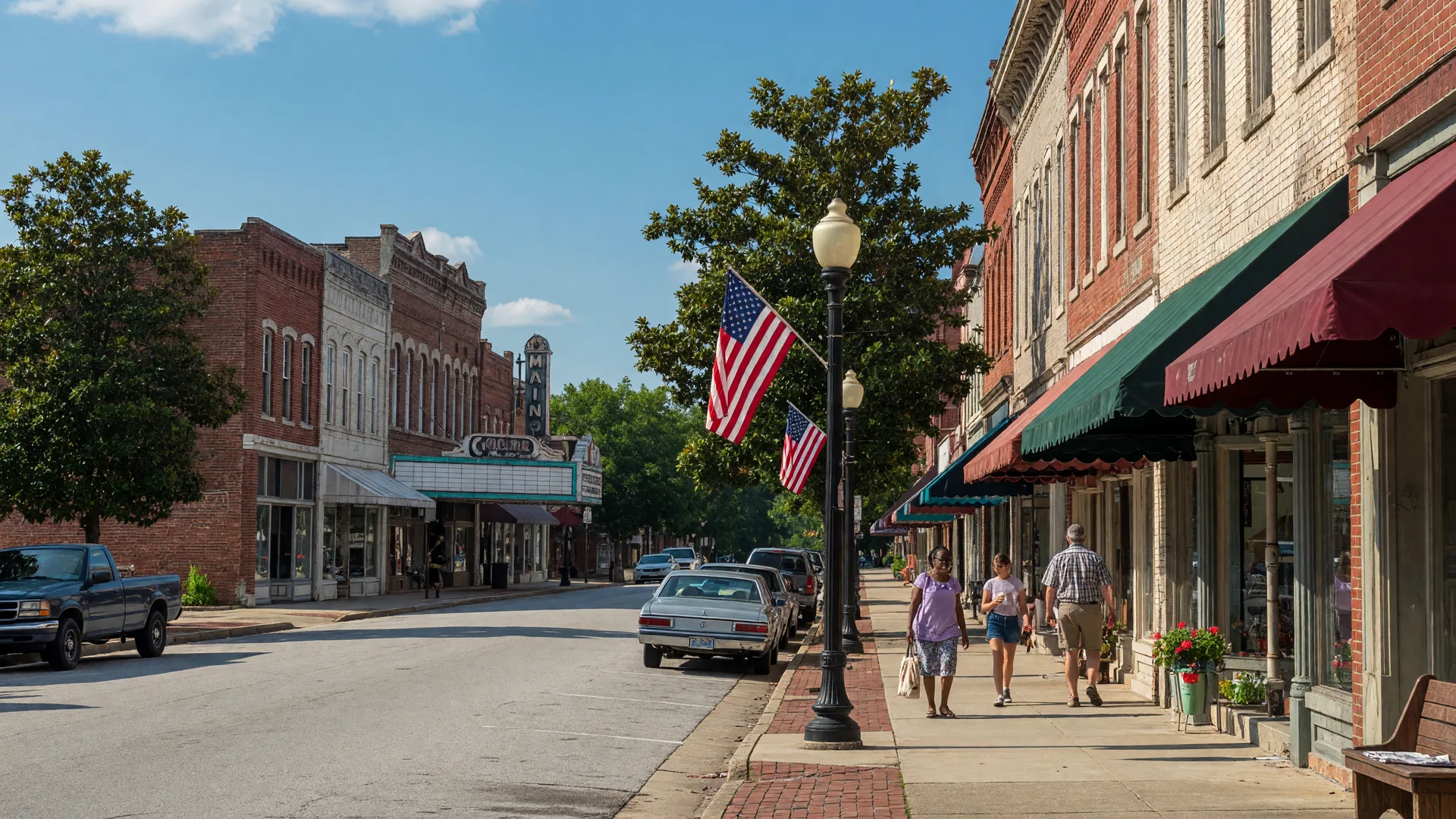 Historic downtown Hartwell Georgia Main Street on a summer afternoon with brick storefronts, American flags, and local shoppers