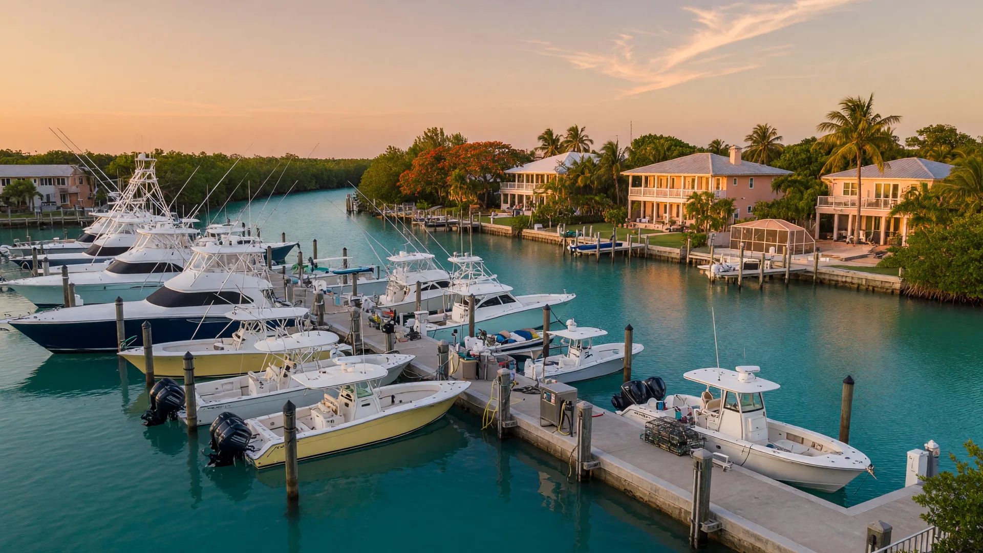 An exclusive Florida Keys marina at golden hour with luxury sportfishing yachts moored along a deep-water canal and upscale waterfront homes behind