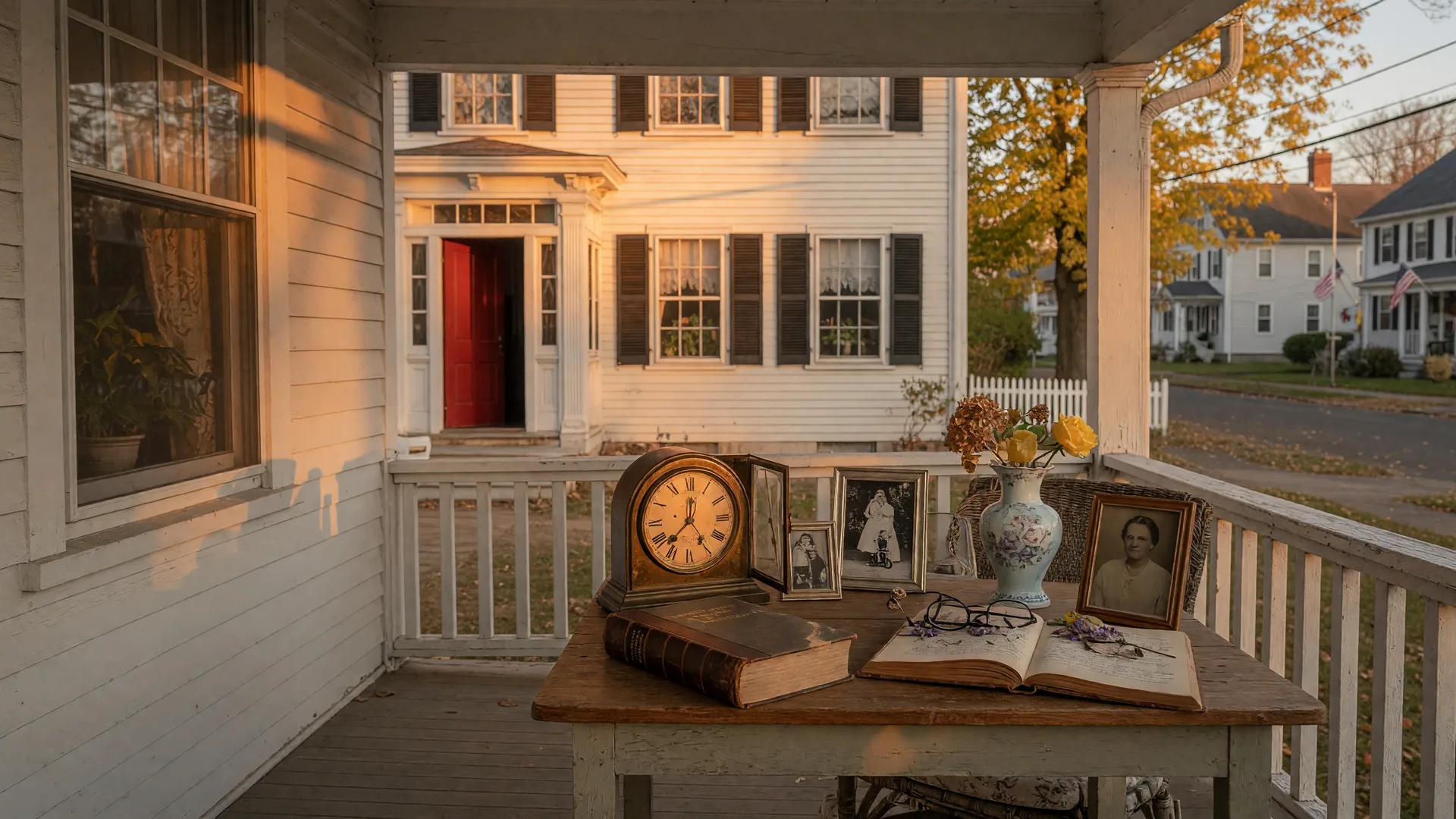 A classic New England colonial home at golden hour with family heirlooms arranged on the porch — antique clock, framed photographs, and a vintage vase