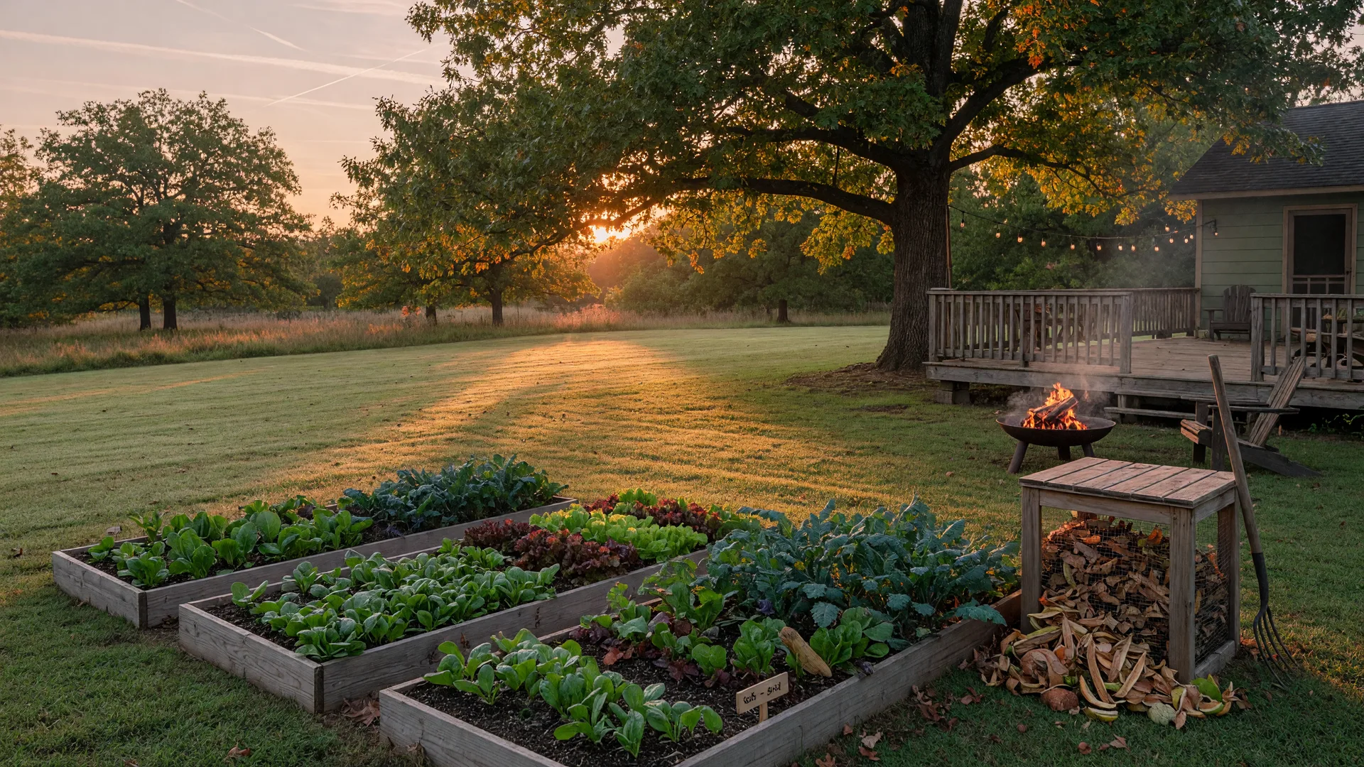 Raised fall garden beds with leafy greens at golden hour on a tree-shaded nearly one-acre lot in Northeast Texas