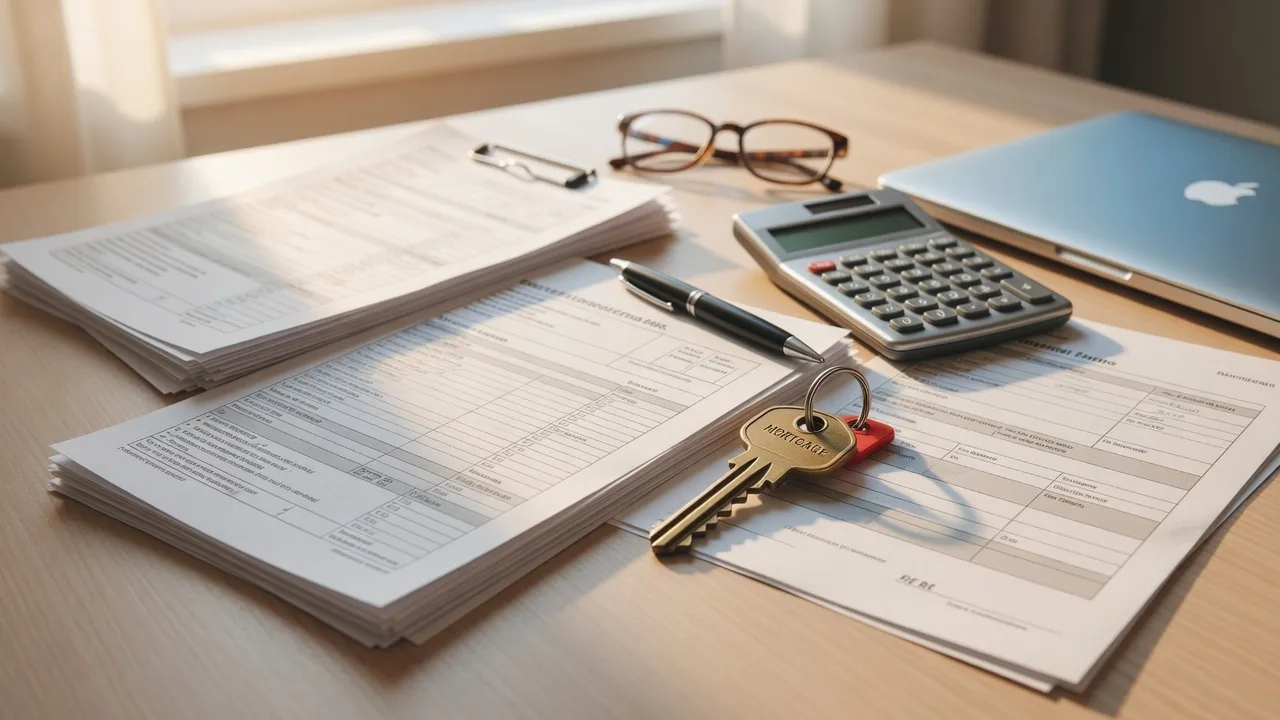 Mortgage loan paperwork, rate lock sheet, calculator, and a brass house key on a wooden desk