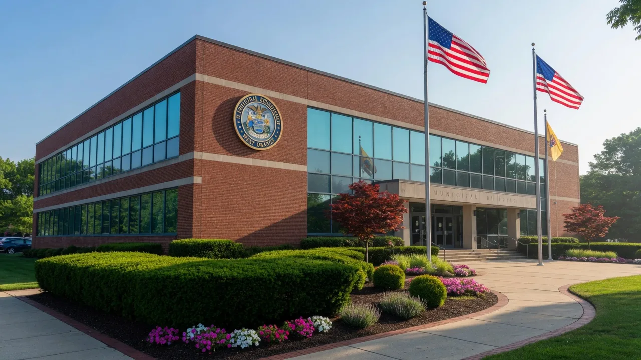 West Orange municipal building on a sunny summer morning with American flags and official seal