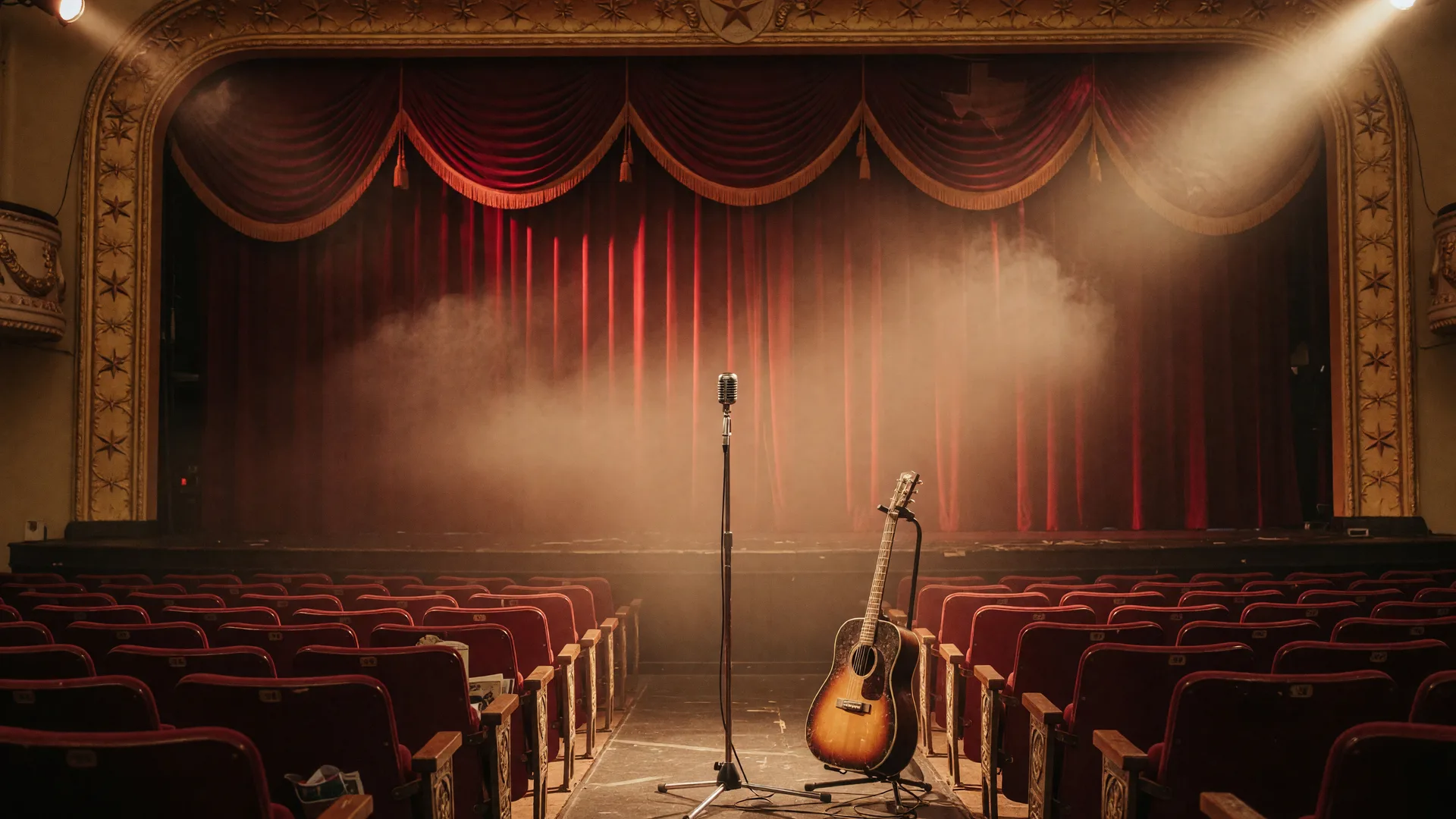 A Texas municipal auditorium stage set for a country music concert, with a lone microphone and acoustic guitar under warm amber spotlights