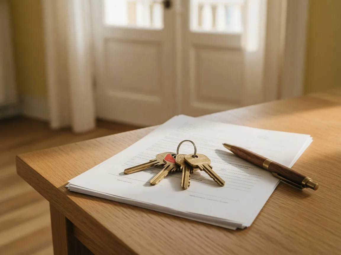 Brass house keys resting on a neat stack of closing documents beside a wooden pen on a light oak table
