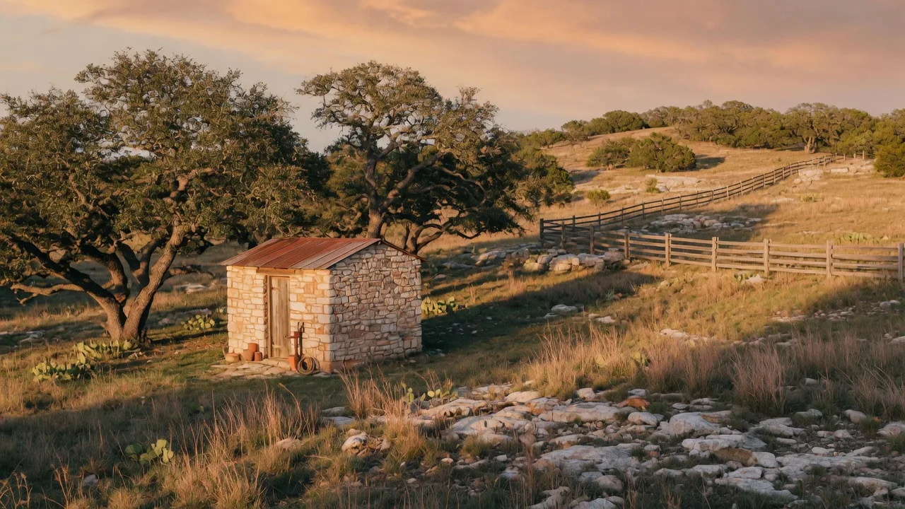 A Texas Hill Country property with a stone well house among live oak trees and native grasses, representing rural water infrastructure