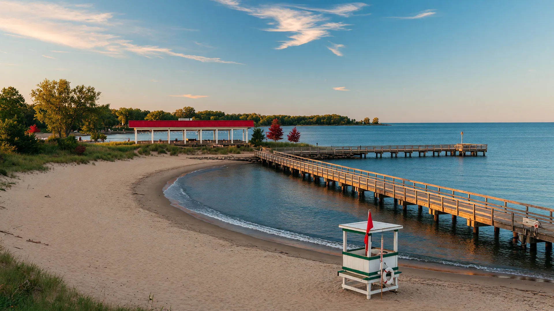A sandy Lake Erie public beach with a wooden pier, lifeguard stand, and lakefront pavilion