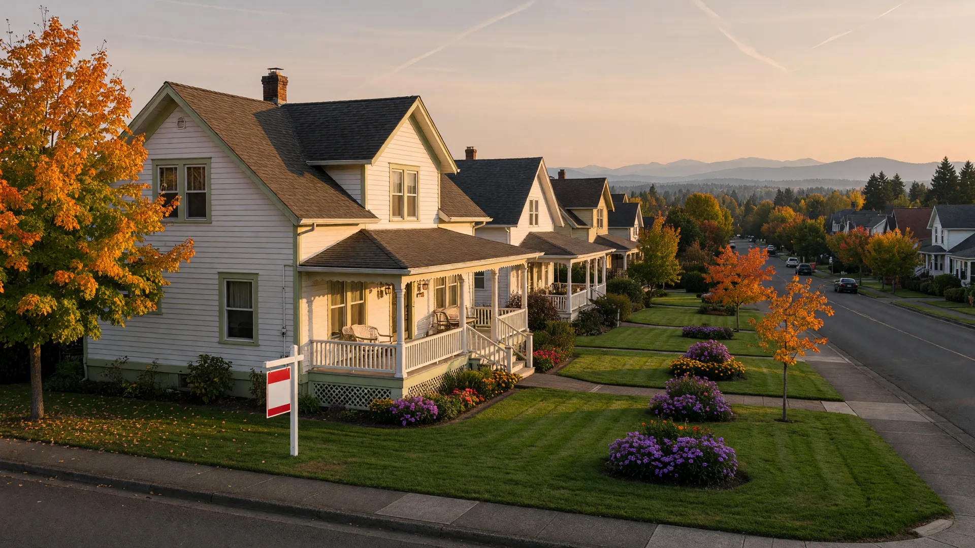 A classic single-family home on a quiet Woodburn street in late September, a for-sale sign in the yard, maples turning gold and orange under a soft evening sky