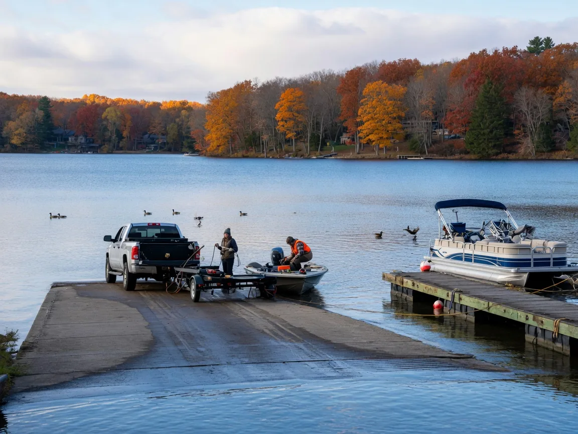 A public boat launch on a large Michigan lake near Fenton with a trailer and boat at the ramp, a docked pontoon, and autumn hardwood forest along the far shore