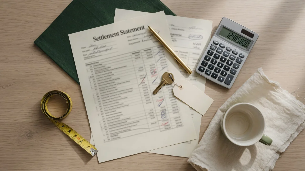 Overhead flat-lay photograph of a home sale in progress with a settlement statement, gold pen, brass house key, calculator, and coffee on a light oak desk