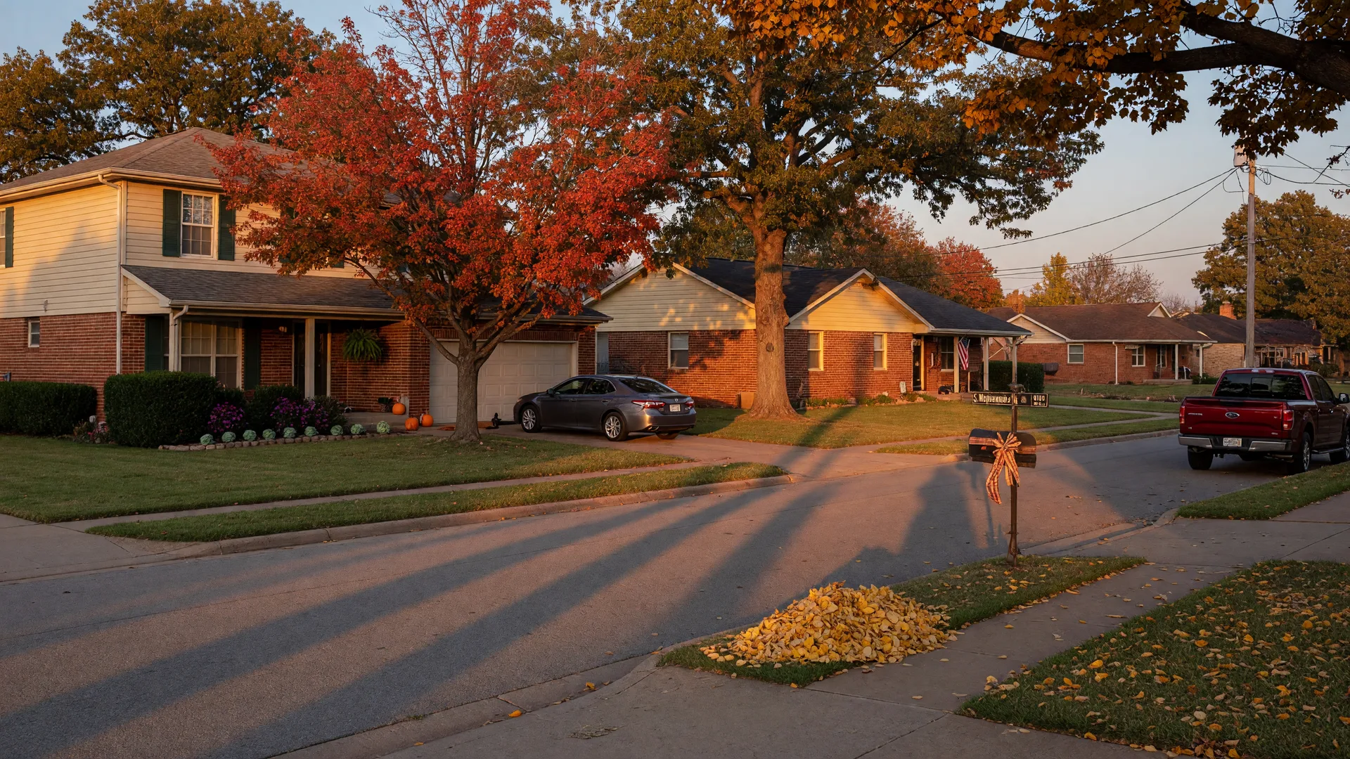 Warm golden-hour view of a residential street in Broken Arrow, Oklahoma with brick homes, tidy lawns, and mature trees