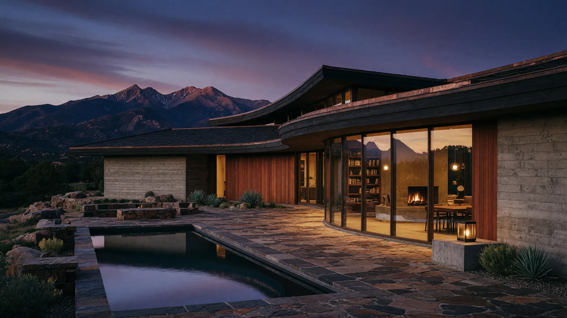Concept rendering of an organic modern home with sweeping rooflines and cedar cladding against a mountain dusk