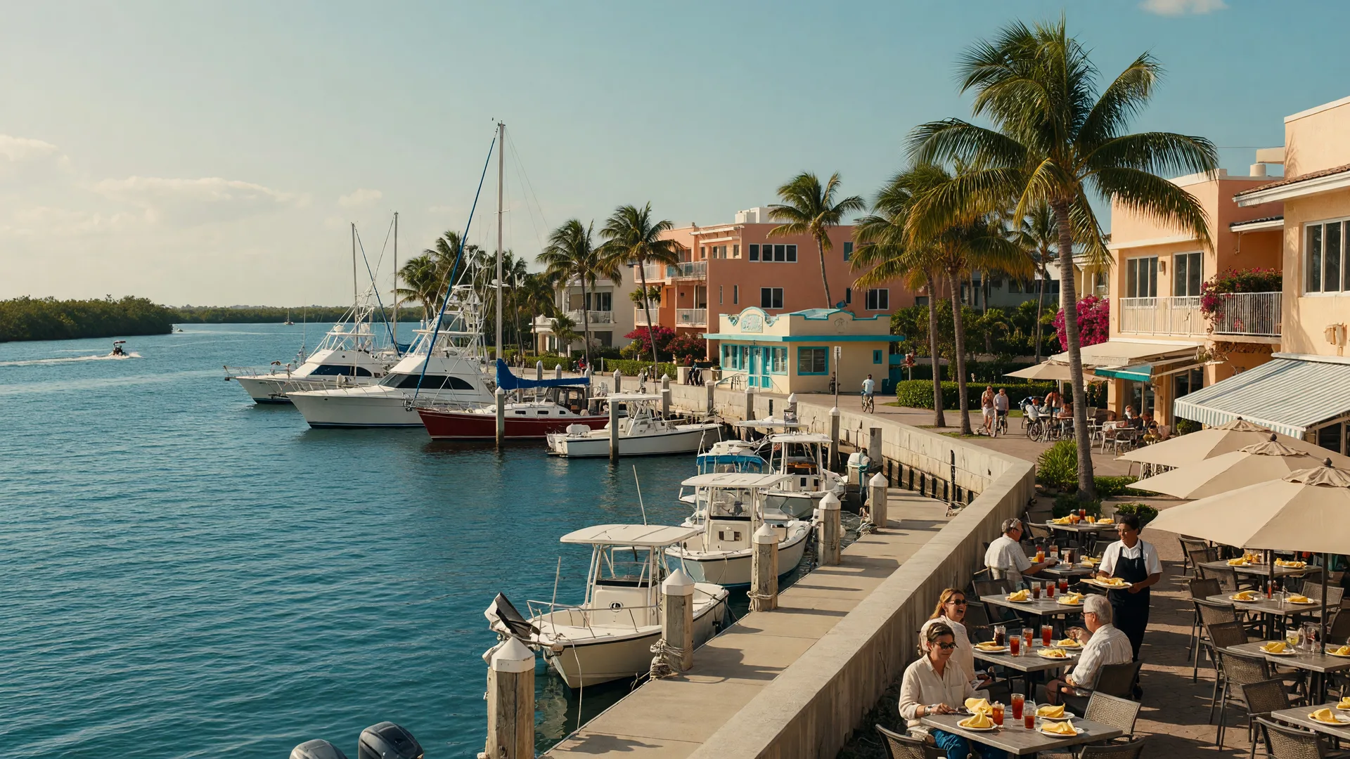 Boynton Beach marina and waterfront dining area with boats docked and palm trees along the Intracoastal Waterway