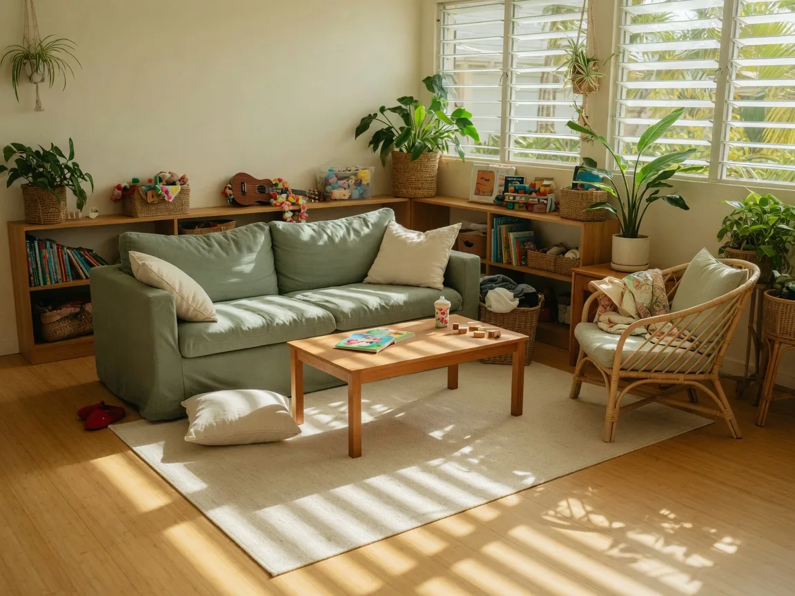 A bright family living room with shelves of books and toys