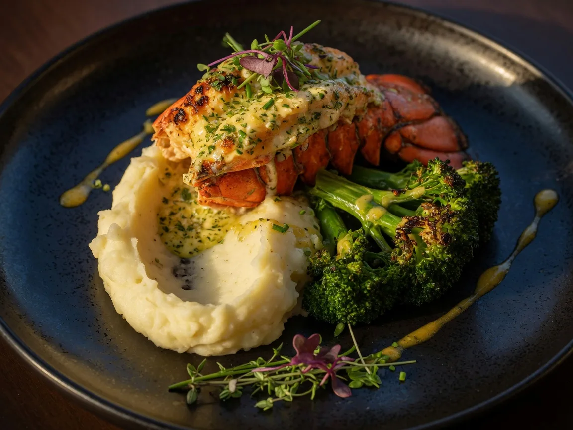 Stuffed lobster tail with garlic herb butter over mashed potatoes and roasted broccoli at MG Tavern in Buford Georgia