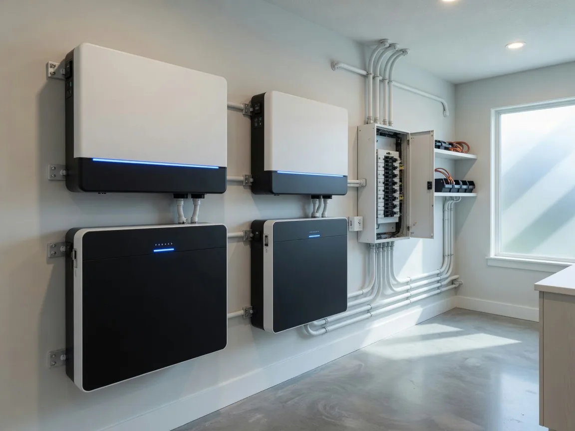 Modern wall-mounted whole-home battery cabinets with LED status lights beside a neatly organized electrical panel in an upscale utility room