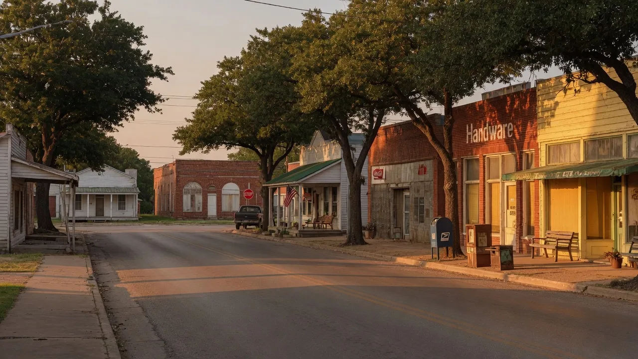 The quiet main street of Lytle, Texas with older frame houses and oaks at late afternoon, in the home inspection service area of Rodeo Home Inspections