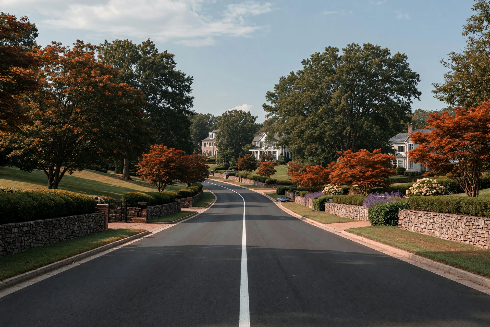 Bright daylight view of an arterial road in Potomac, Maryland