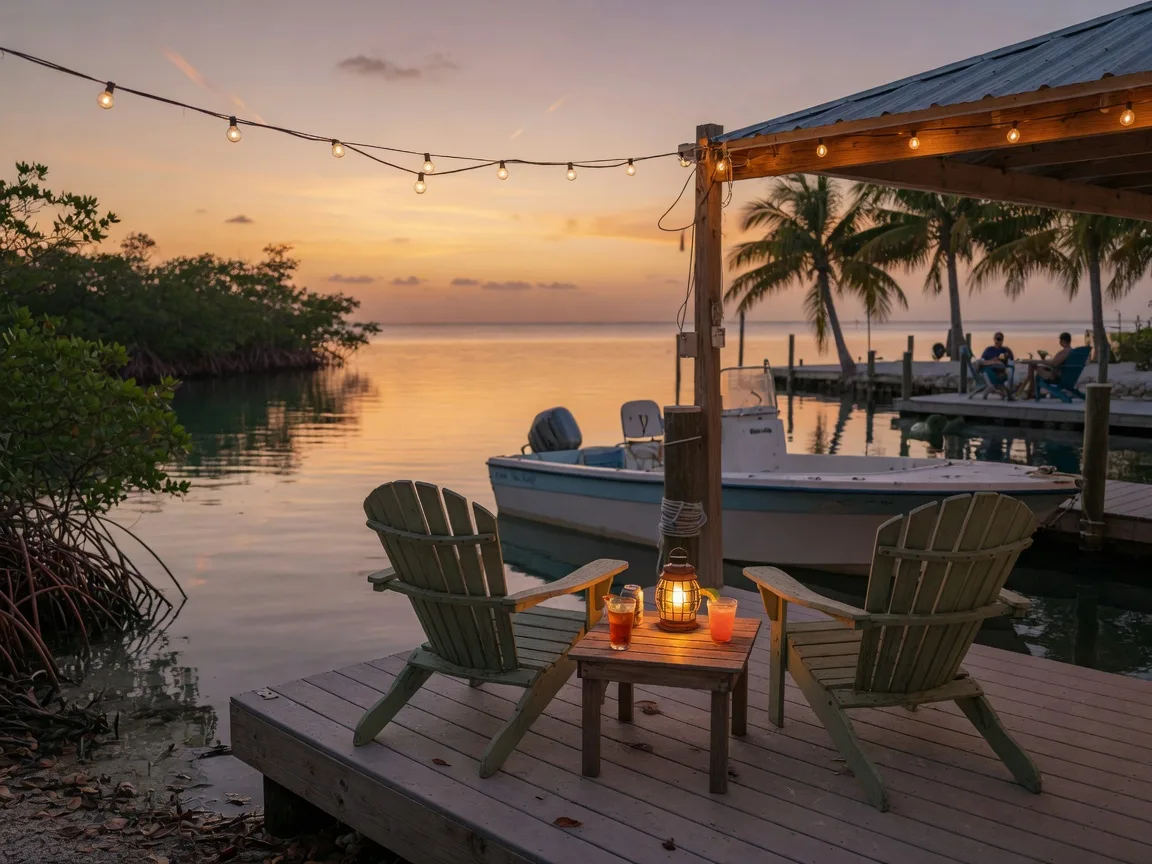 A relaxed sunset gathering on a private Florida Keys dock: two weathered Adirondack chairs facing the water around a low teak table with drinks and a lantern, warm string lights overhead, a boat moored alongside, glassy turquoise water reflecting a golden and peach sky with mangroves and palms lining the shoreline