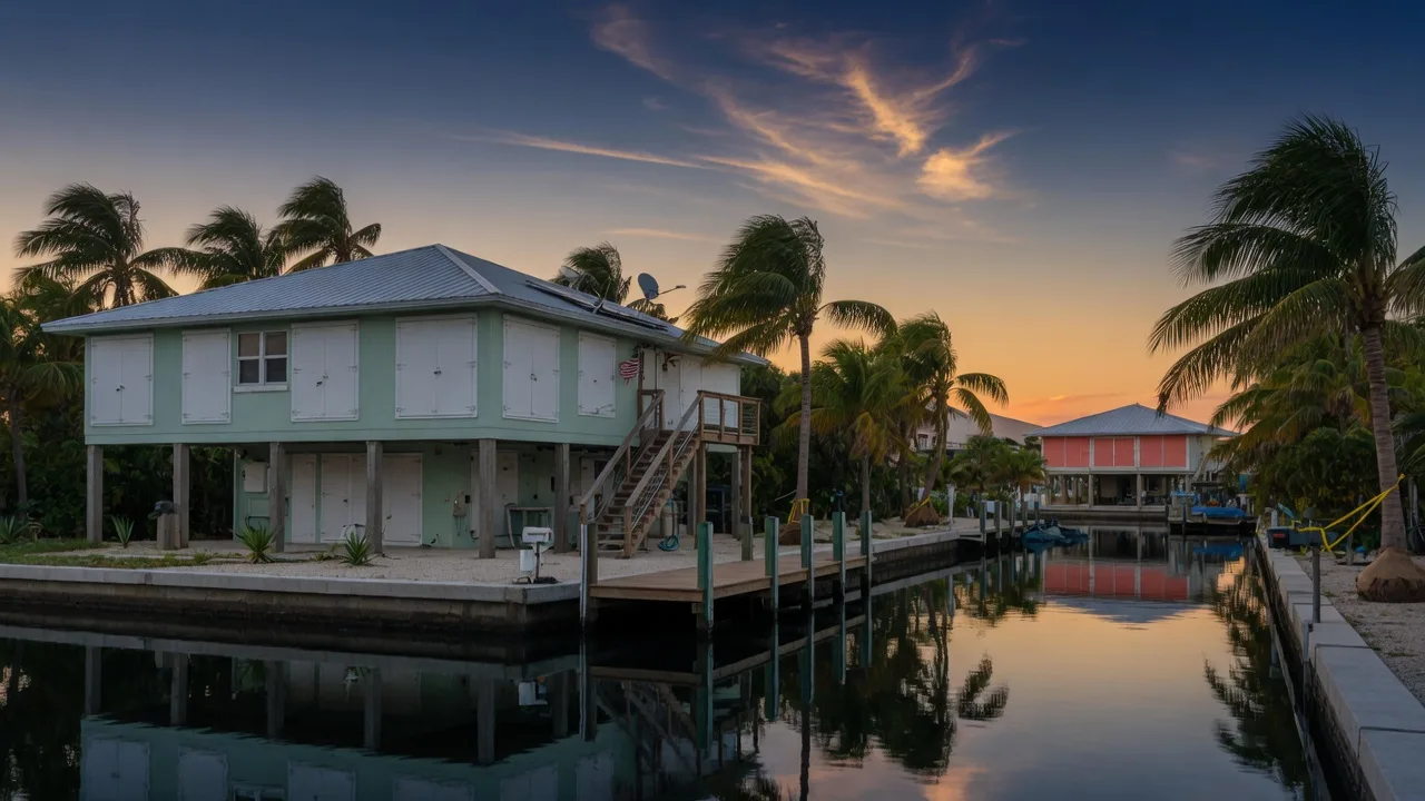 A Florida Keys neighborhood at first light in quiet hurricane-season calm, an elevated home with impact shutters closed over its windows, palms bending in the breeze, and a dramatic blue and amber sky over calm canal water